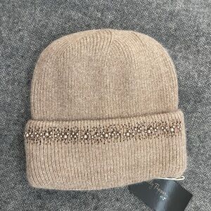 CC Boutique Tan Knit Beanie with Pearl Embellishments